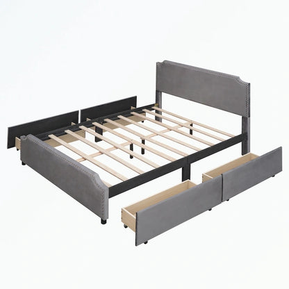 Lit plateforme capitonné avec tête et pied de lit à clous décoratifs