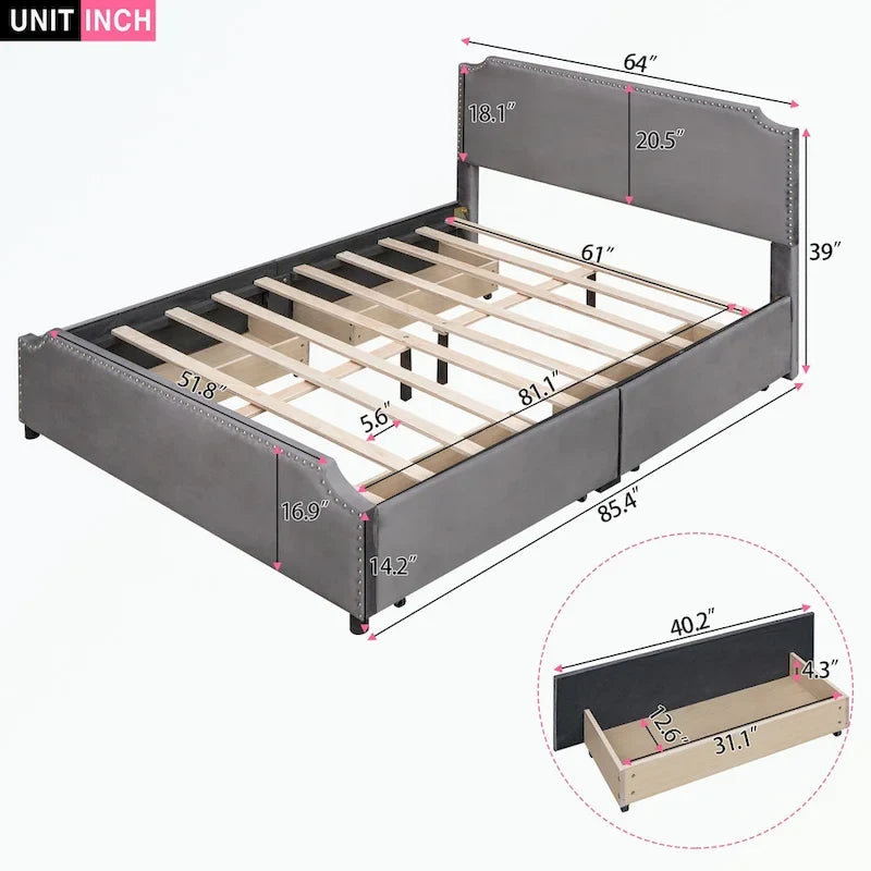 Lit plateforme capitonné avec tête et pied de lit à clous décoratifs
