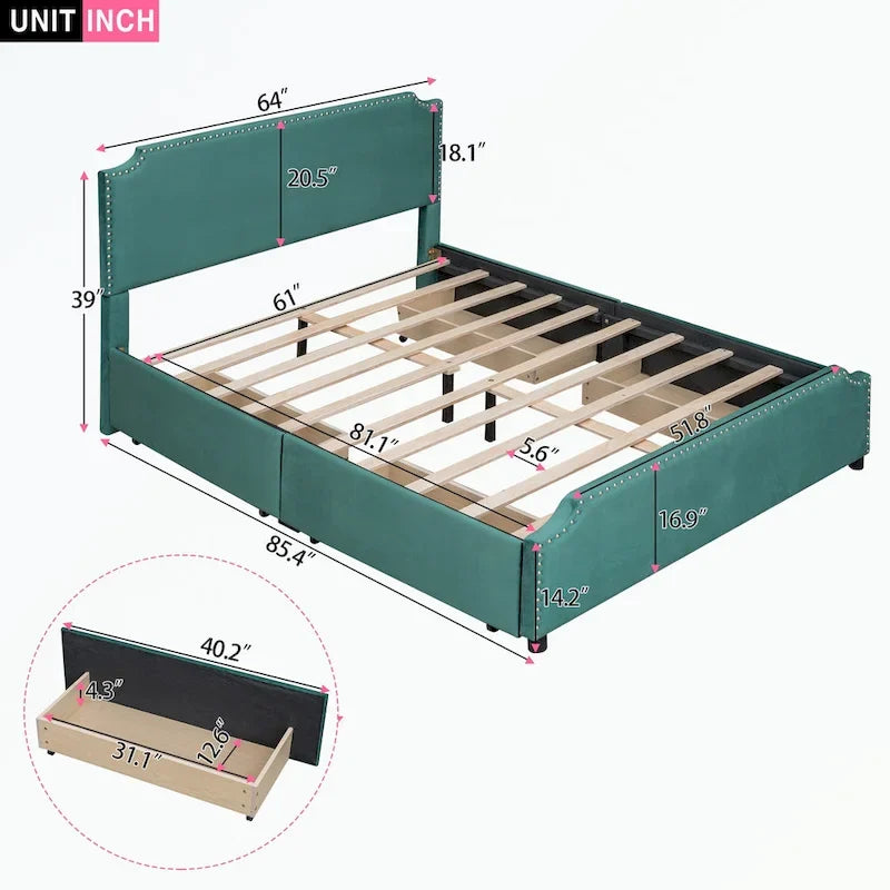 Lit plateforme capitonné avec tête et pied de lit à clous décoratifs