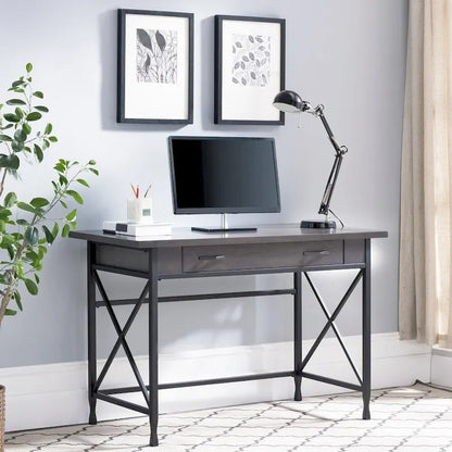 Bureau gris à 1 tiroir en métal et bois pour ordinateur/stylo