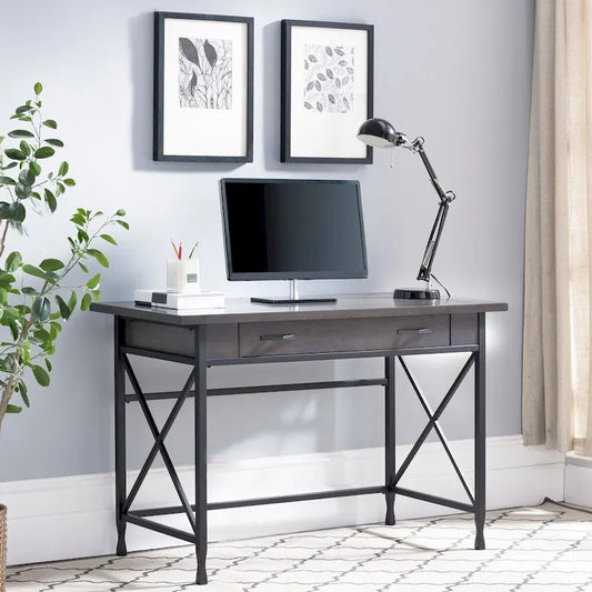 Bureau gris à 1 tiroir en métal et bois pour ordinateur/stylo