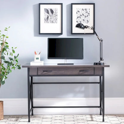 Bureau gris à 1 tiroir en métal et bois pour ordinateur/stylo