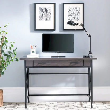 Bureau gris à 1 tiroir en métal et bois pour ordinateur/stylo