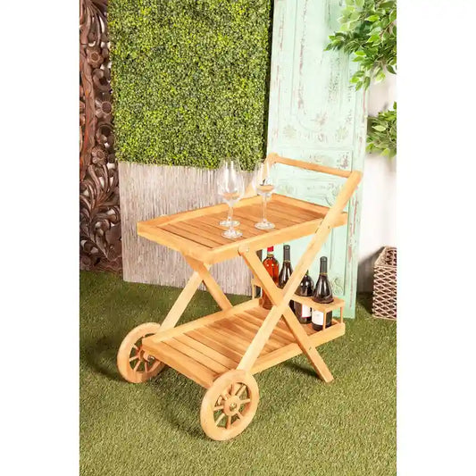 Chariot de bar roulant en bois de teck pour intérieur et extérieur, 2 étagères, avec roulettes et poignée - Marron - Roche River Decor - 53 cm (L) x 81 cm (l) x 81 cm (H)