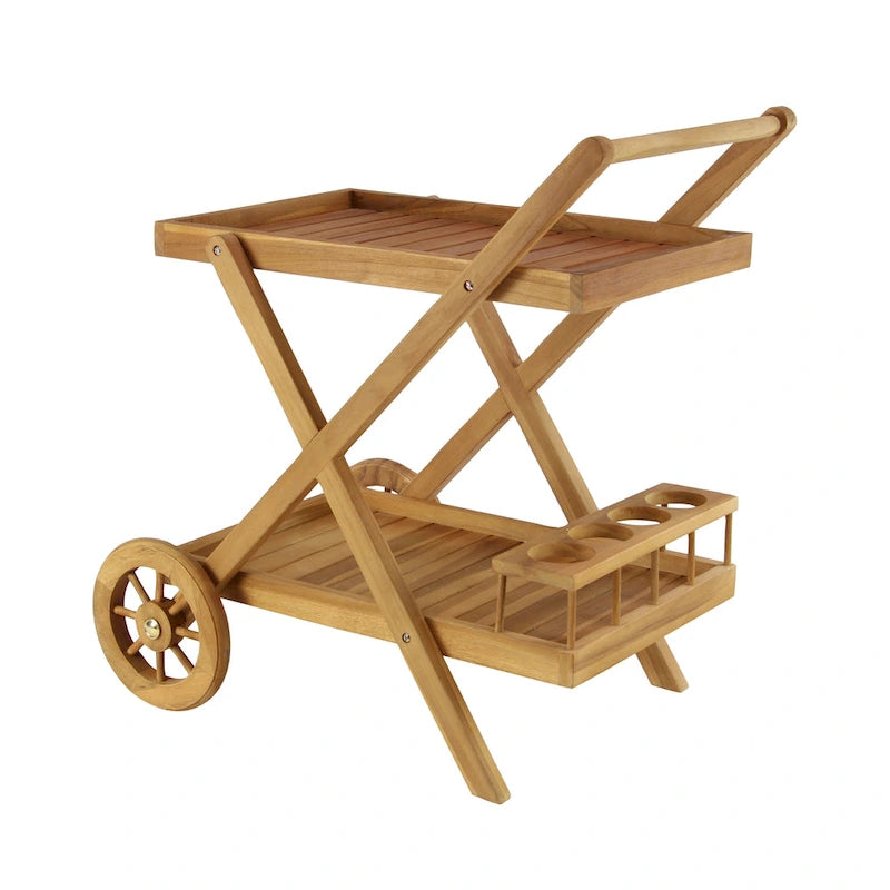 Chariot de bar roulant en bois de teck pour intérieur et extérieur, 2 étagères, avec roulettes et poignée - Marron - Roche River Decor - 53 cm (L) x 81 cm (l) x 81 cm (H)