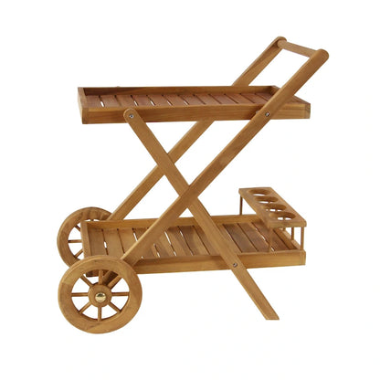 Chariot de bar roulant en bois de teck pour intérieur et extérieur, 2 étagères, avec roulettes et poignée - Marron - Roche River Decor - 53 cm (L) x 81 cm (l) x 81 cm (H)