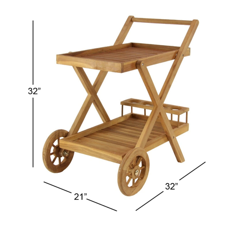 Chariot de bar roulant en bois de teck pour intérieur et extérieur, 2 étagères, avec roulettes et poignée - Marron - Roche River Decor - 53 cm (L) x 81 cm (l) x 81 cm (H)