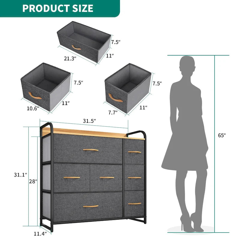 Commode multifonction à 7 tiroirs, grise, avec 7 tiroirs