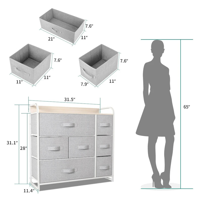 Commode multifonction à 7 tiroirs, grise, avec 7 tiroirs