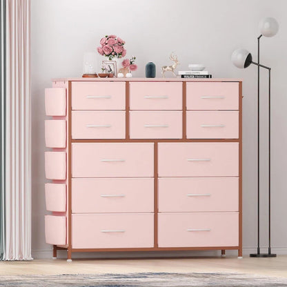 Commode à 12 tiroirs pour chambre à coucher, commode haute en tissu avec poches latérales et crochets