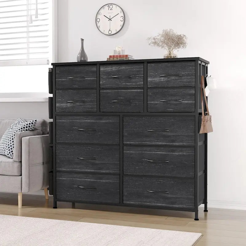 Commode à 12 tiroirs pour chambre à coucher, commode haute en tissu avec poches latérales et crochets