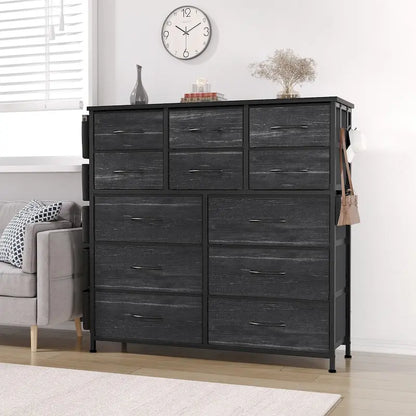 Commode à 12 tiroirs pour chambre à coucher, commode haute en tissu avec poches latérales et crochets