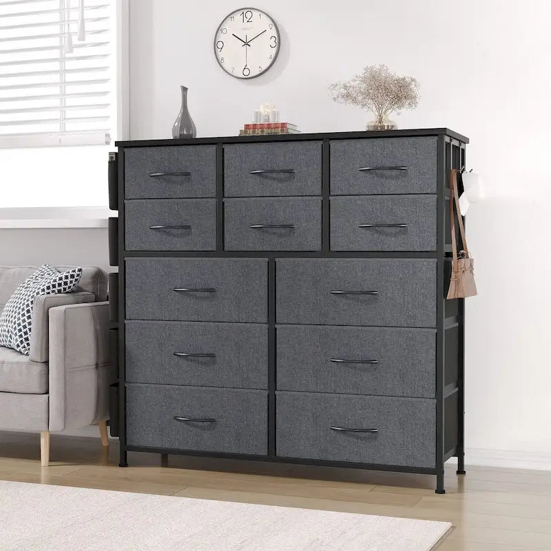 Commode à 12 tiroirs pour chambre à coucher, commode haute en tissu avec poches latérales et crochets