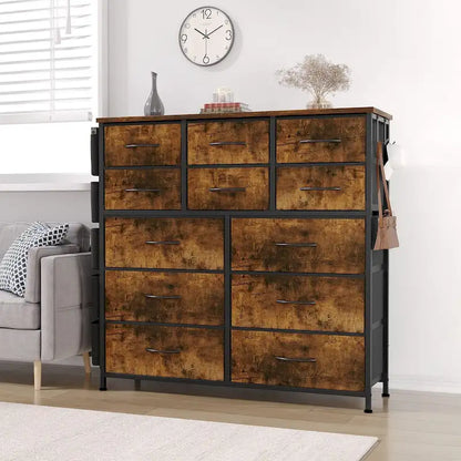Commode à 12 tiroirs pour chambre à coucher, commode haute en tissu avec poches latérales et crochets