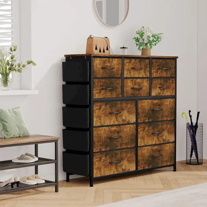 Commode à 12 tiroirs pour chambre à coucher, commode haute en tissu avec poches latérales et crochets