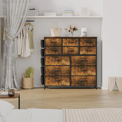 Commode à 12 tiroirs pour chambre à coucher, commode haute en tissu avec poches latérales et crochets