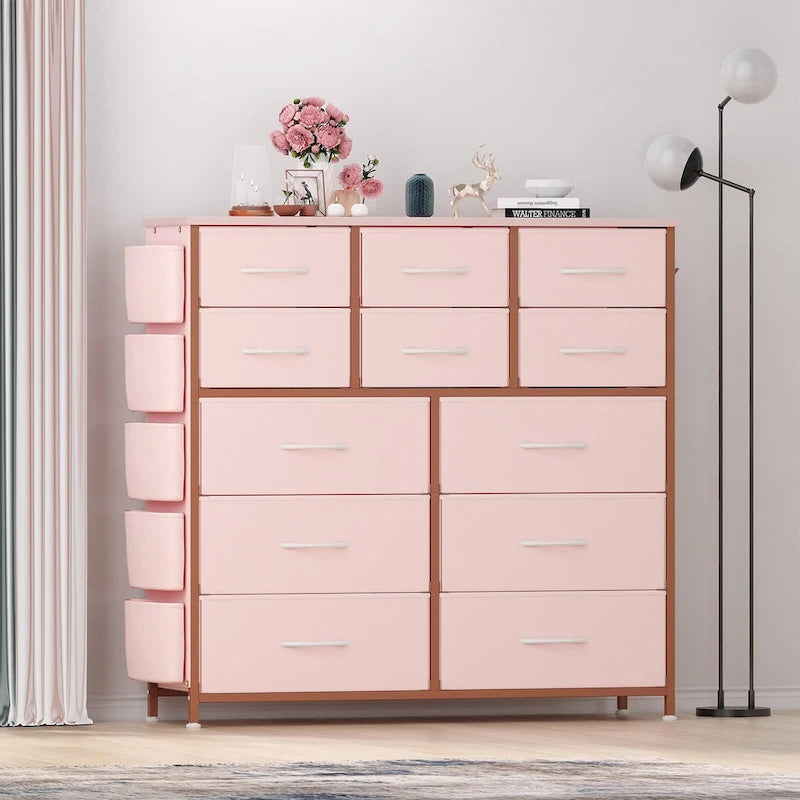 Commode à 12 tiroirs pour chambre à coucher, commode haute en tissu avec poches latérales et crochets