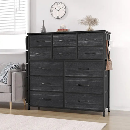 Commode à 12 tiroirs pour chambre à coucher, commode haute en tissu avec poches latérales et crochets