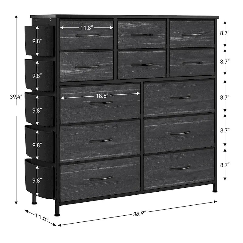 Commode à 12 tiroirs pour chambre à coucher, commode haute en tissu avec poches latérales et crochets