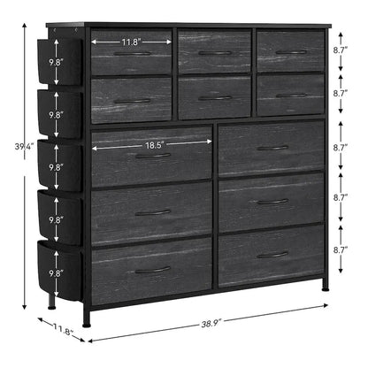 Commode à 12 tiroirs pour chambre à coucher, commode haute en tissu avec poches latérales et crochets