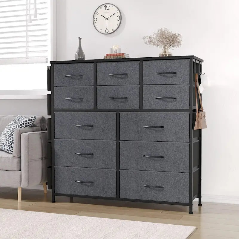 Commode à 12 tiroirs pour chambre à coucher, commode haute en tissu avec poches latérales et crochets