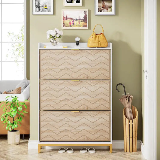 Modern Wood White Shoe Storage Cabinet with 3 Flip Doors,24 Pair Shoe Organizer Cabinet