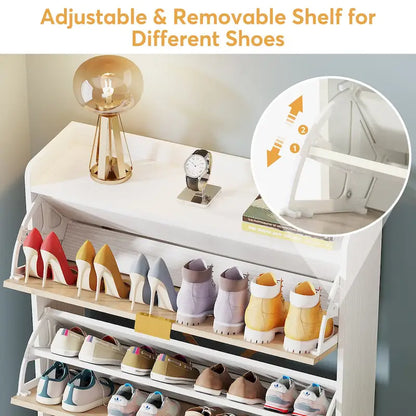 Meuble à chaussures moderne en bois blanc avec 3 portes rabattables, pouvant contenir 24 paires de chaussures.