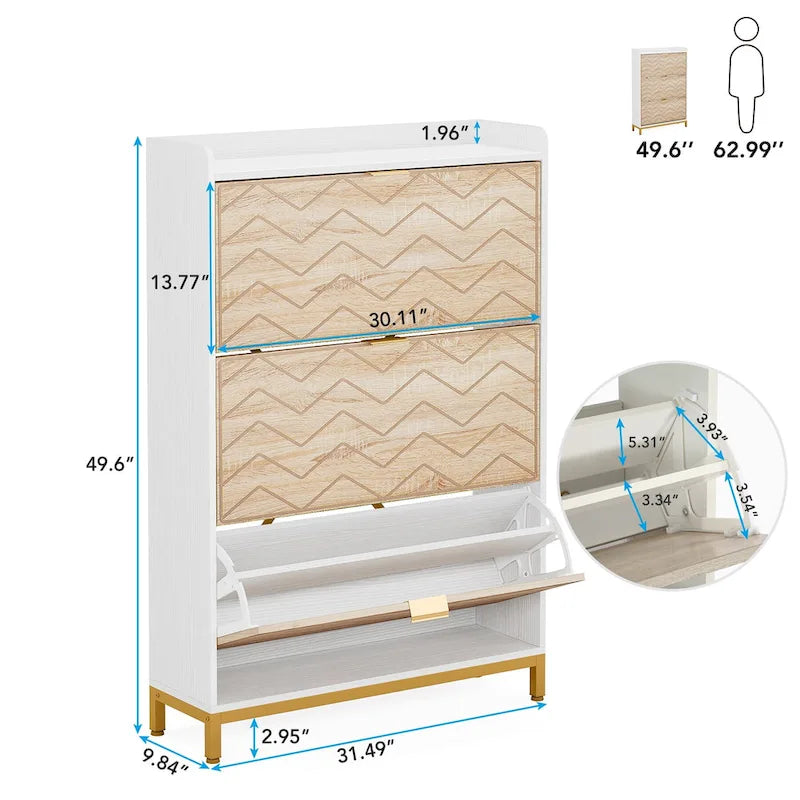 Meuble à chaussures moderne en bois blanc avec 3 portes rabattables, pouvant contenir 24 paires de chaussures.