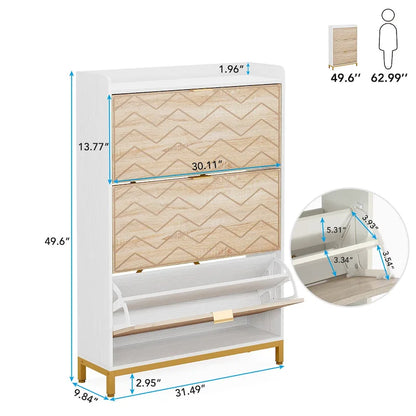 Meuble à chaussures moderne en bois blanc avec 3 portes rabattables, pouvant contenir 24 paires de chaussures.
