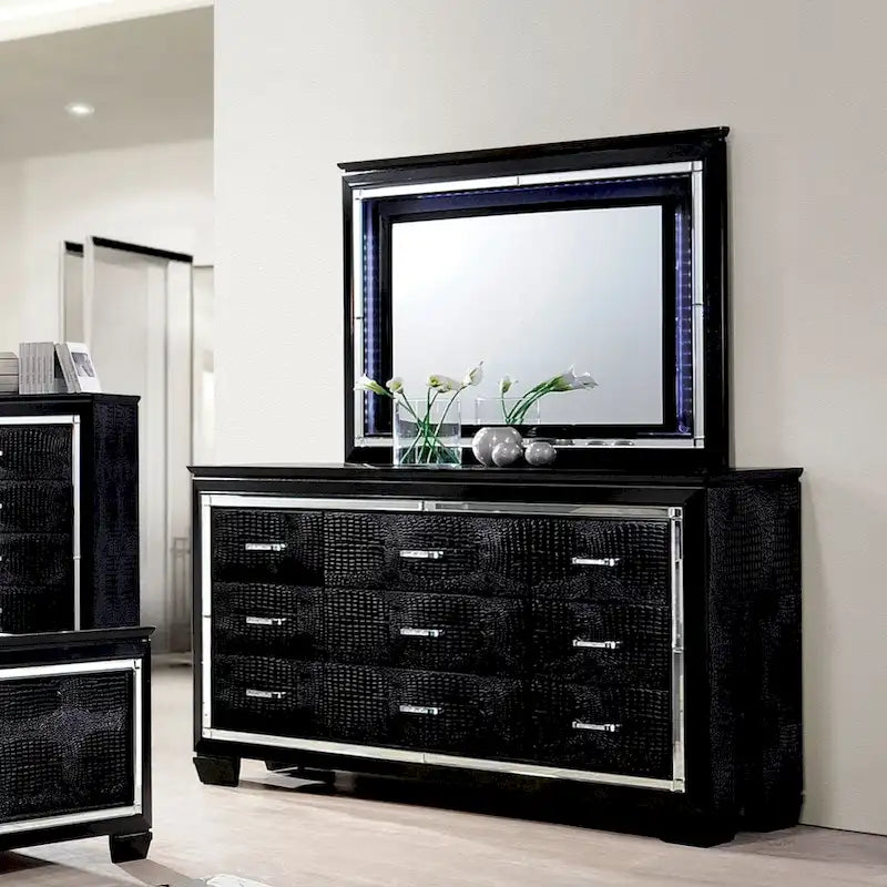 Commode contemporaine en bois à 9 tiroirs et miroir Ruff Crocodile (2 pièces) par Furniture of America