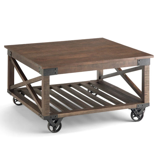 Table basse carrée industrielle WYNDENHALL Barrie en bois de manguier massif et métal, 81 cm de large, finition brun foncé vieilli - 81 x 81 x 46 cm