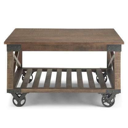 Table basse carrée industrielle WYNDENHALL Barrie en bois de manguier massif et métal, 81 cm de large, finition brun foncé vieilli - 81 x 81 x 46 cm