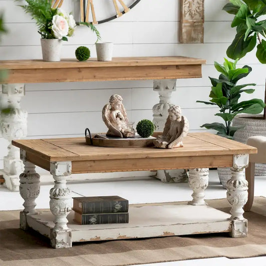 Table basse rectangulaire en bois blanchi antique