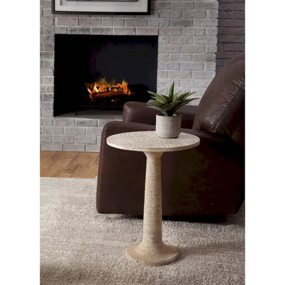 Table d'appoint ronde Abbott en bois massif blanchi, avec piètement recouvert de corde de jute