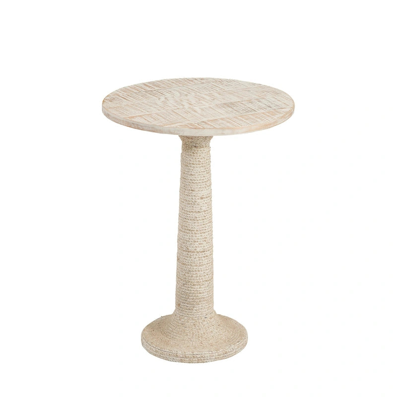 Table d'appoint ronde Abbott en bois massif blanchi, avec piètement recouvert de corde de jute