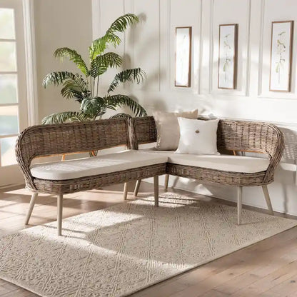 Ensemble banquette de salle à manger Raisa moderne de style bohème en rotin Kubu naturel et bois d'acacia, 2 pièces