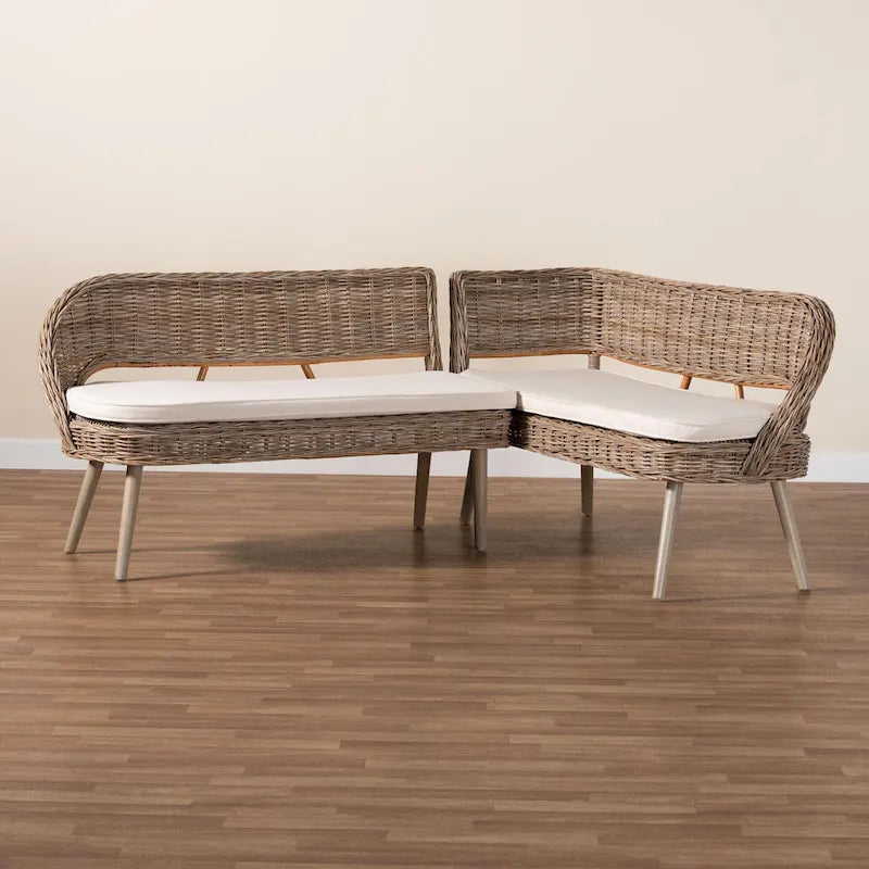 Ensemble banquette de salle à manger Raisa moderne de style bohème en rotin Kubu naturel et bois d'acacia, 2 pièces