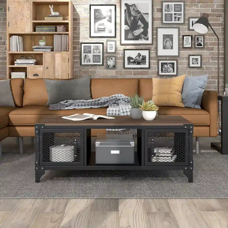 Table basse de rangement en acier Conner Rustic Black et Dark Walnut de 48 pouces par Furniture of America