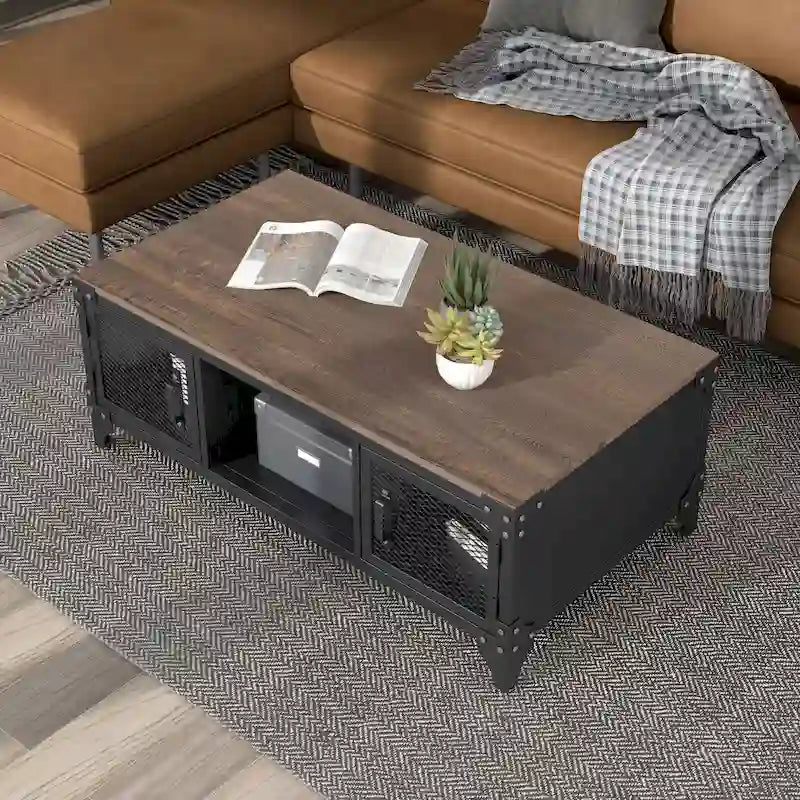 Table basse de rangement en acier Conner Rustic Black et Dark Walnut de 48 pouces par Furniture of America