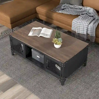 Table basse de rangement en acier Conner Rustic Black et Dark Walnut de 48 pouces par Furniture of America