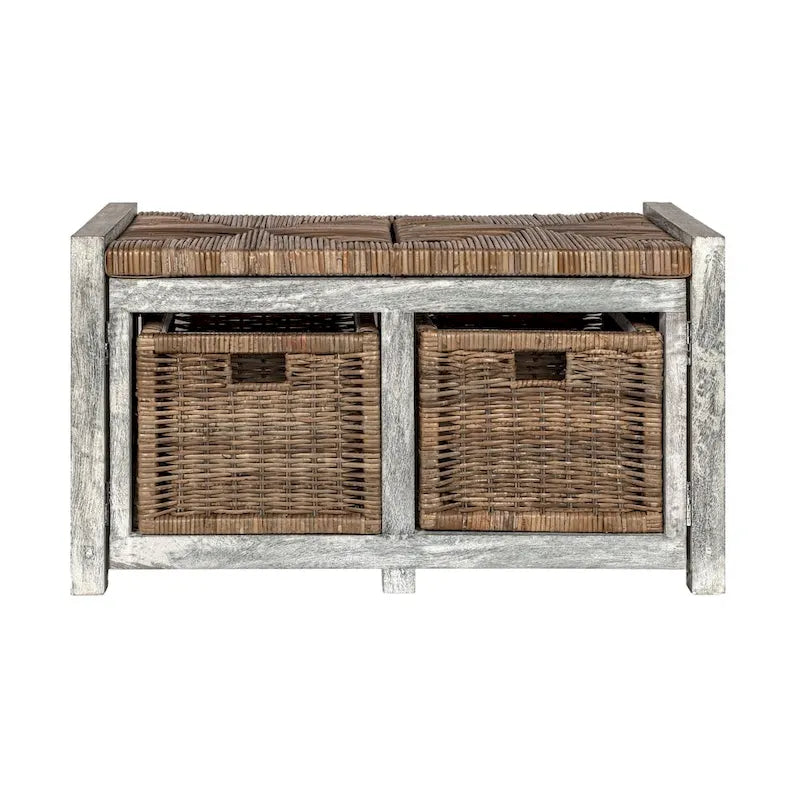 Banc de rangement rustique en osier à 2 tiroirs Happimess, gris