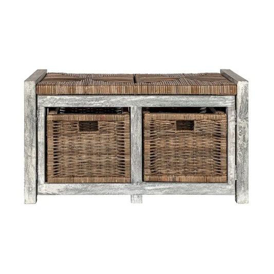 Banc de rangement rustique en osier à 2 tiroirs Happimess, gris