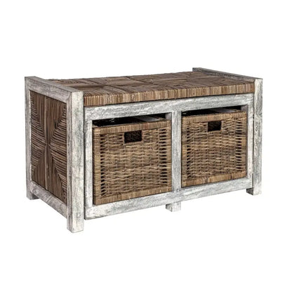Banc de rangement rustique en osier à 2 tiroirs Happimess, gris