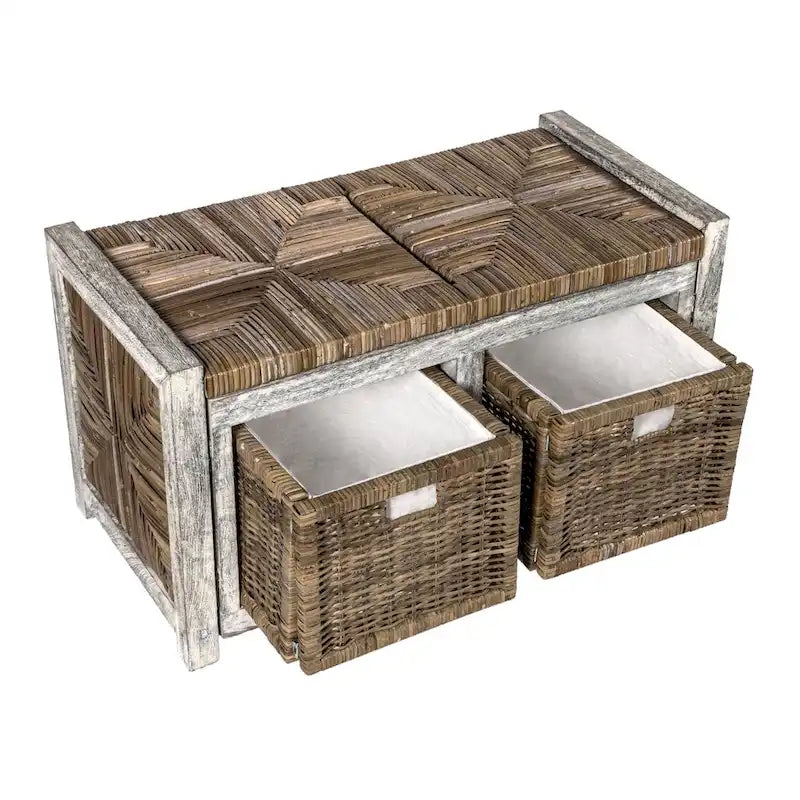 Banc de rangement rustique en osier à 2 tiroirs Happimess, gris