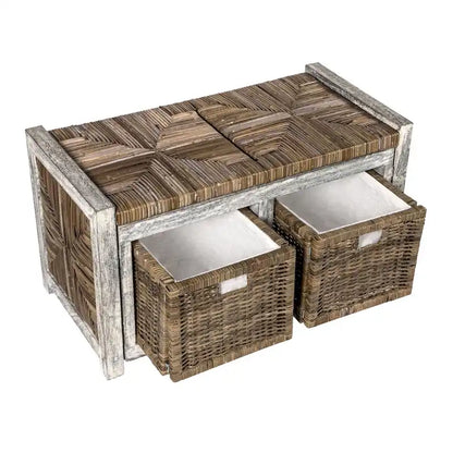 Banc de rangement rustique en osier à 2 tiroirs Happimess, gris