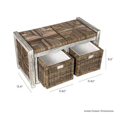 Banc de rangement rustique en osier à 2 tiroirs Happimess, gris