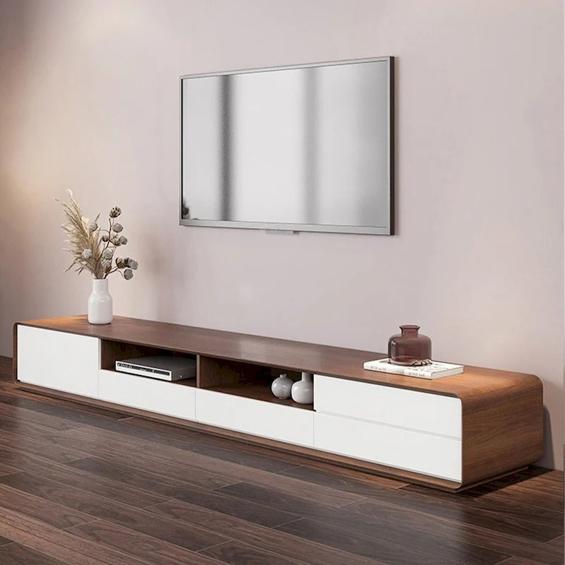 Meuble TV moderne en bois, console multimédia basse avec 4 tiroirs, placard de rangement ouvert, placage noyer, entièrement assemblé