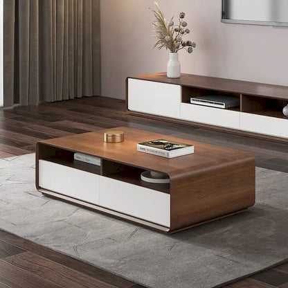 Meuble TV moderne en bois, console multimédia basse avec 4 tiroirs, placard de rangement ouvert, placage noyer, entièrement assemblé