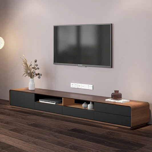 Meuble TV moderne en bois, console multimédia basse avec 4 tiroirs, placard de rangement ouvert, placage noyer, entièrement assemblé