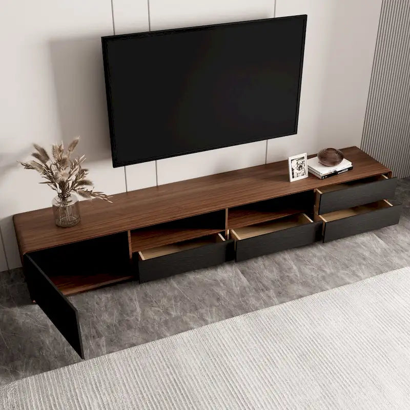 Meuble TV moderne en bois, console multimédia basse avec 4 tiroirs, placard de rangement ouvert, placage noyer, entièrement assemblé